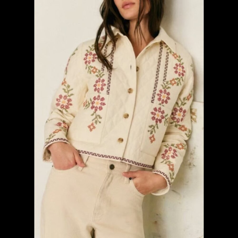 Sezane Cream Quilted Jacket with Pink & Green Floral Embroidery